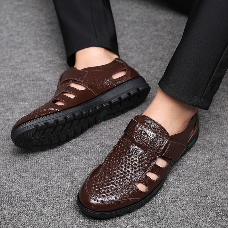 Leather Work Outfit - Leren herensandalen Uitgeholde ademende zomersandalen Business